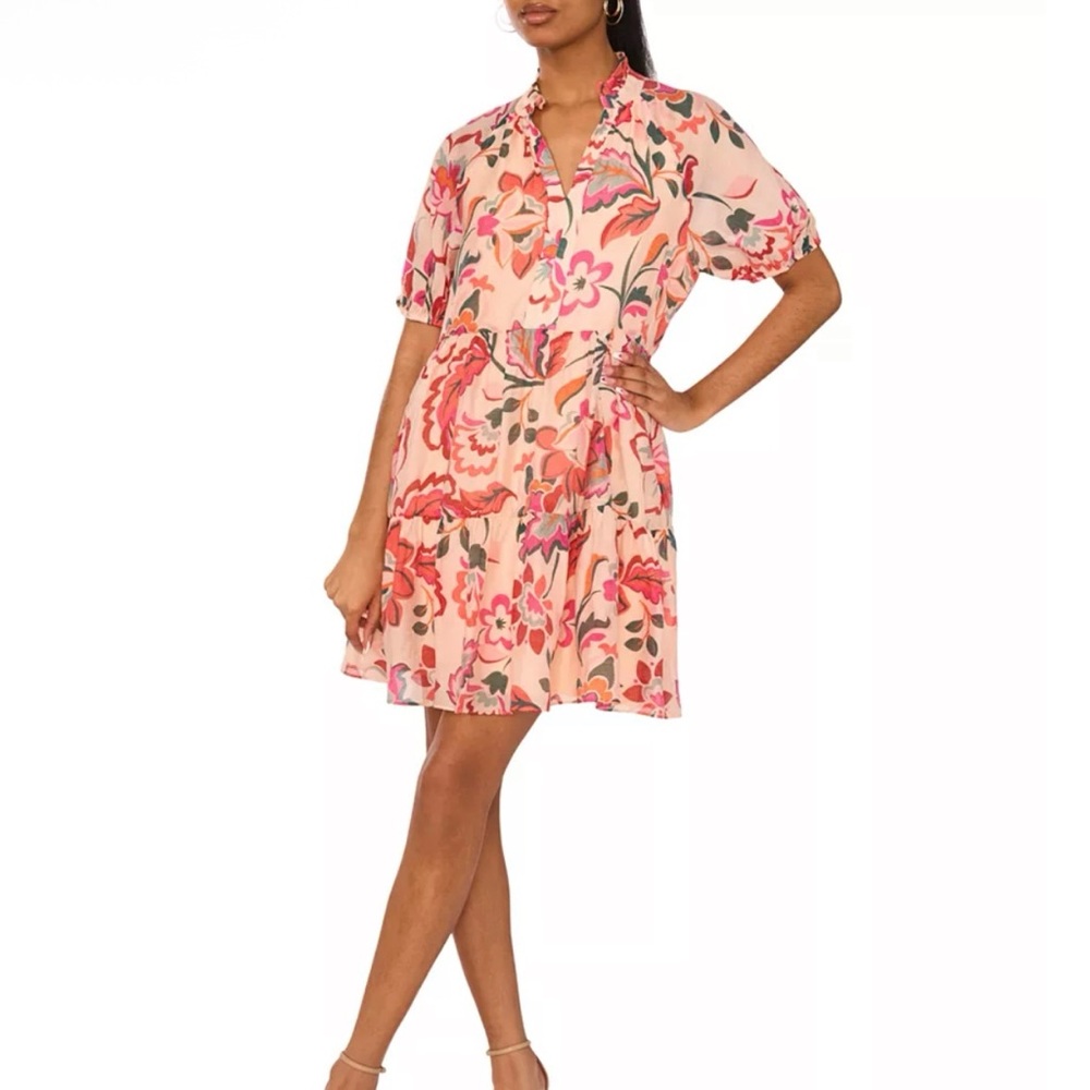 MSK Women's V-Neck Short-Sleeve Tiered Babydoll Dress size L